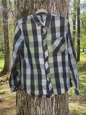 RVCA Green, Black & Light Gray Plaid Button-Down Shirt